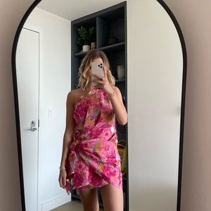 Pink Floral One Shoulder Mini Dress